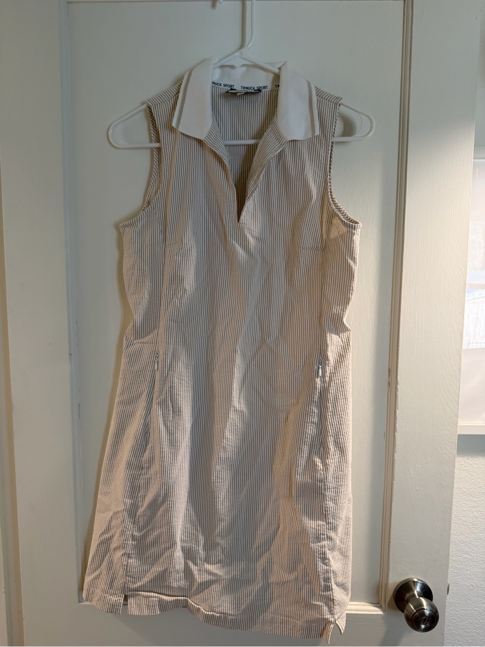 Tuckernuck Sleeveless Striped Polo Dress in Cream and White